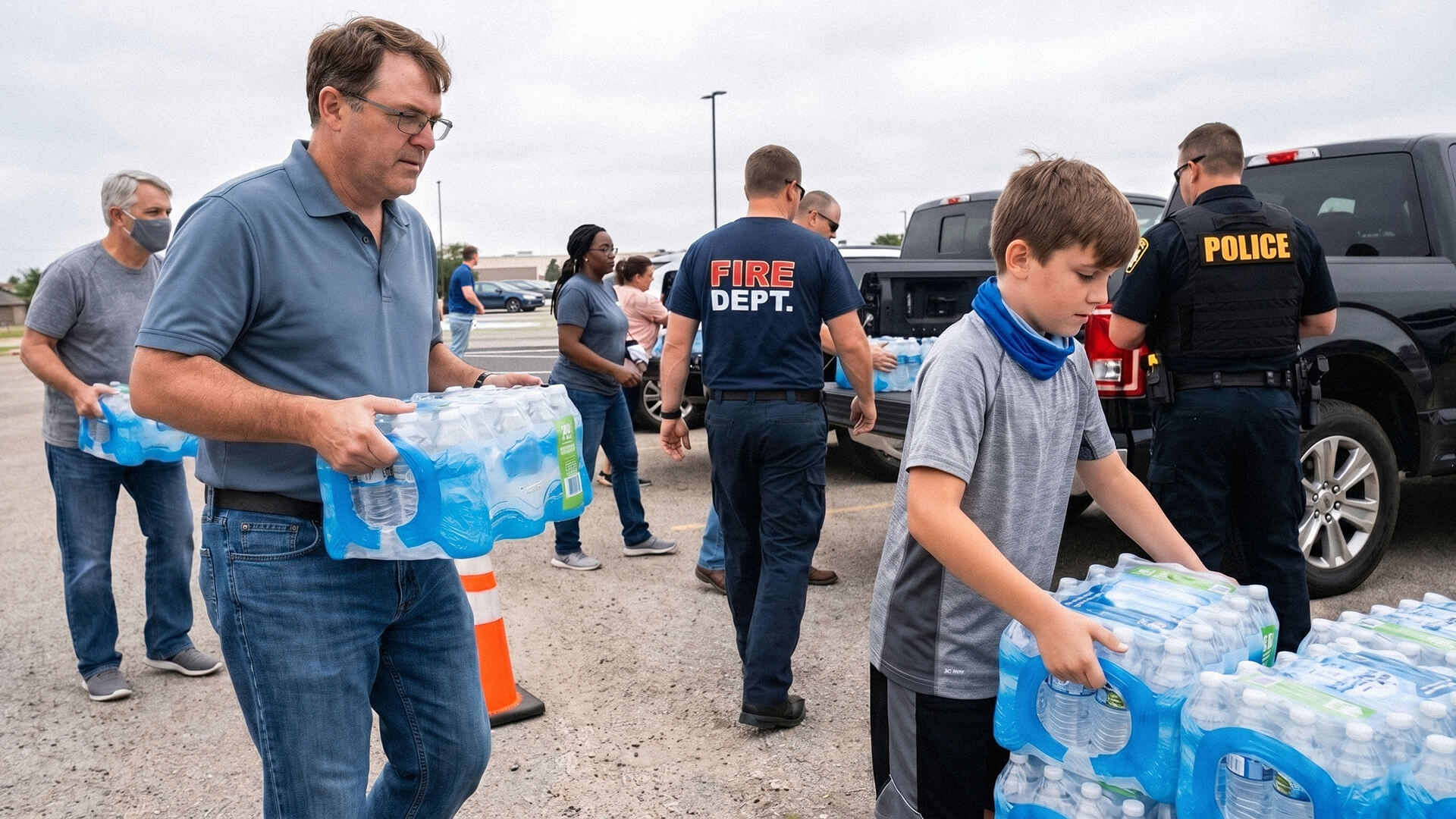 A father and son carrying cases of waters